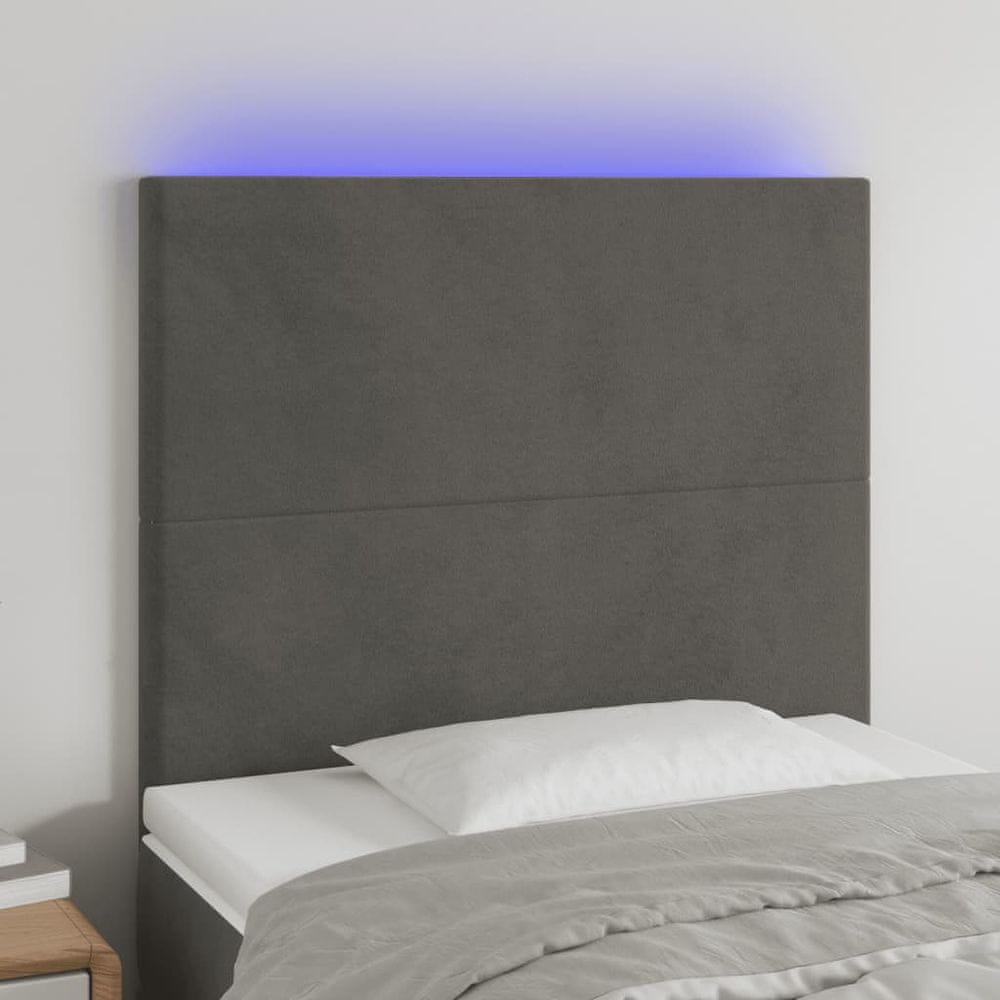 Vidaxl Čelo postele s LED tmavosivé 100x5x118/128 cm zamat